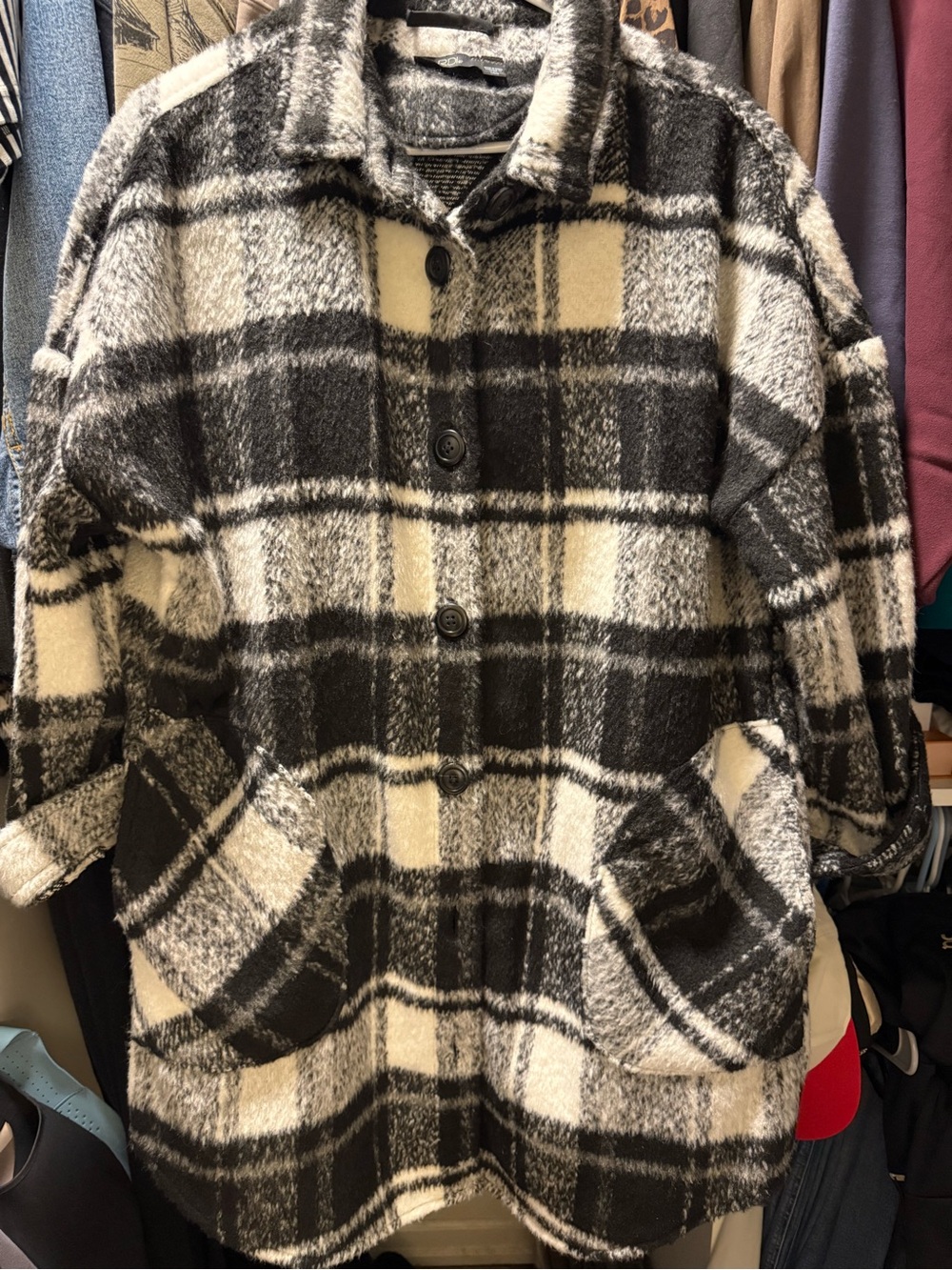 RDI - Womens Black & Ivory Plaid Button-Front Coat